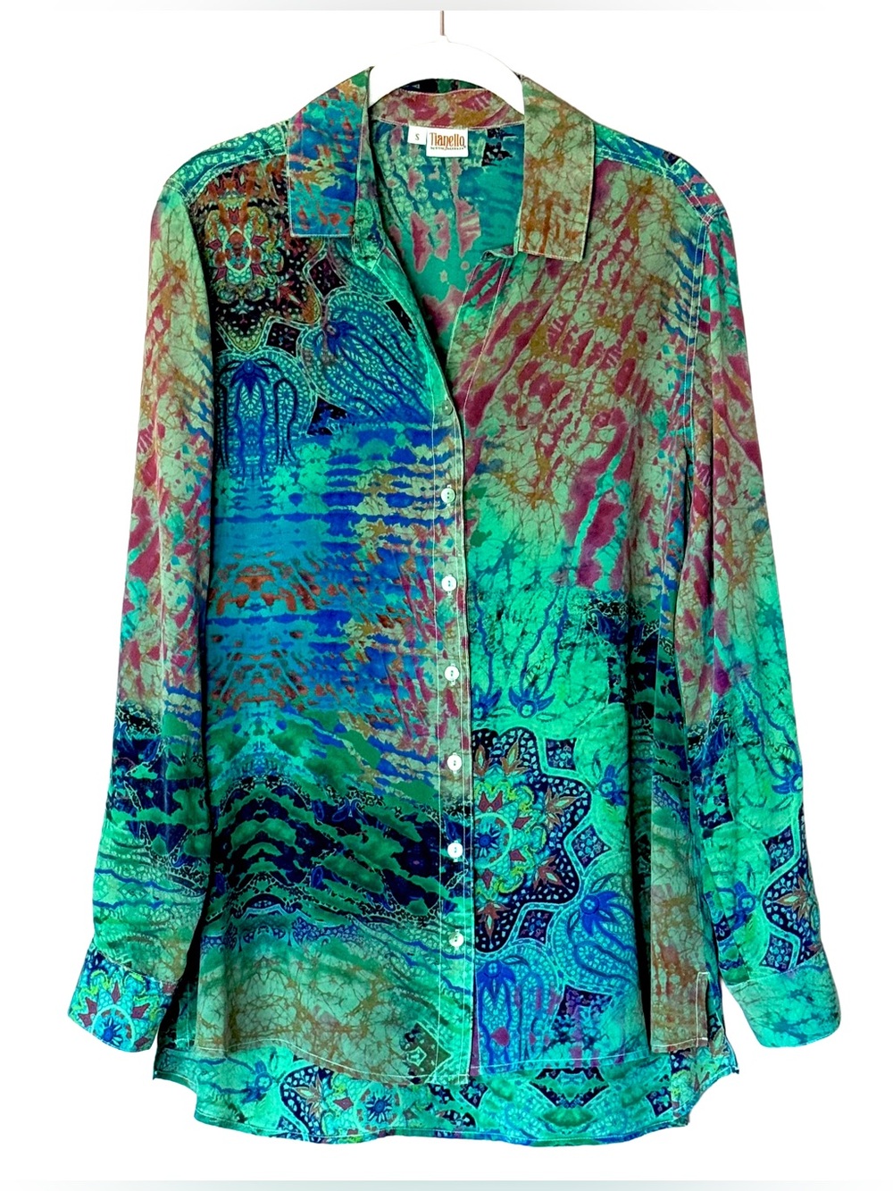 Tianello Washable Silk Loving Blouse Tunic Top Blue Green Gold Print Women's S